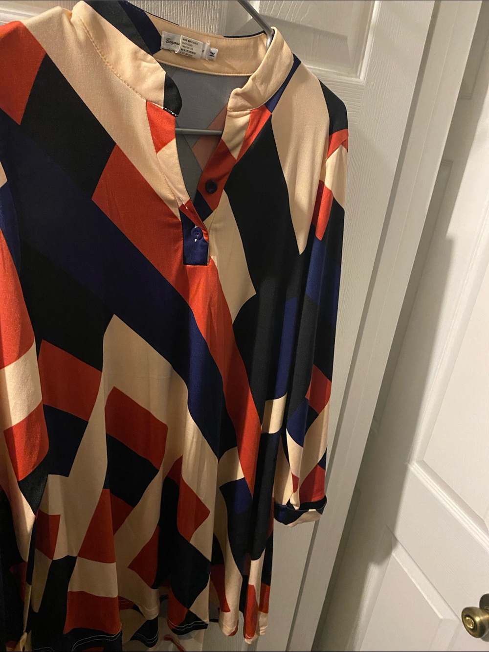 Geometric Print Long-Sleeve Women’s Tunic Top — Navy, Red & Cream